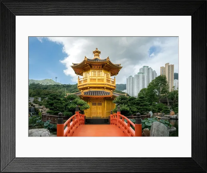 Framed Print : Front view the Golden pavilion temple with red bridge in Nan Lian garden, Hong Kong. Asia Framed Print : Front view the Golden pavilion temple with red bridge in Nan Lian garden, Hong Kong. Asia