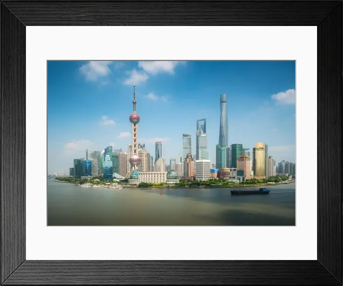 Framed Print : Aerial view of Pudong skyline with Oriental Pearl tower and Lujiazui Business district skyscraper with Huangpu river in Shanghai, China. Asian tourism