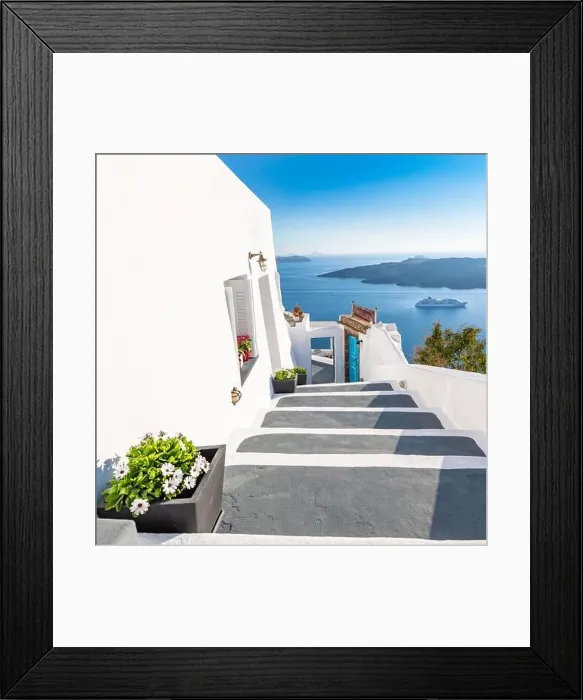 Framed Print : White architecture staircases on Santorini Island, Greece. View toward Caldera sea with cruise ship awaiting. Amazing landscape, summer holiday travel Framed Print : White architecture staircases on Santorini Island, Greece. View toward Caldera sea with cruise ship awaiting. Amazing landscape, summer holiday travel