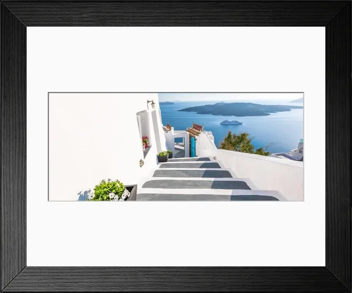 Framed Print : White architecture staircases on Santorini Island, Greece. View toward Caldera sea with cruise ship awaiting. Amazing landscape, summer holiday travel Framed Print : White architecture staircases on Santorini Island, Greece. View toward Caldera sea with cruise ship awaiting. Amazing landscape, summer holiday travel
