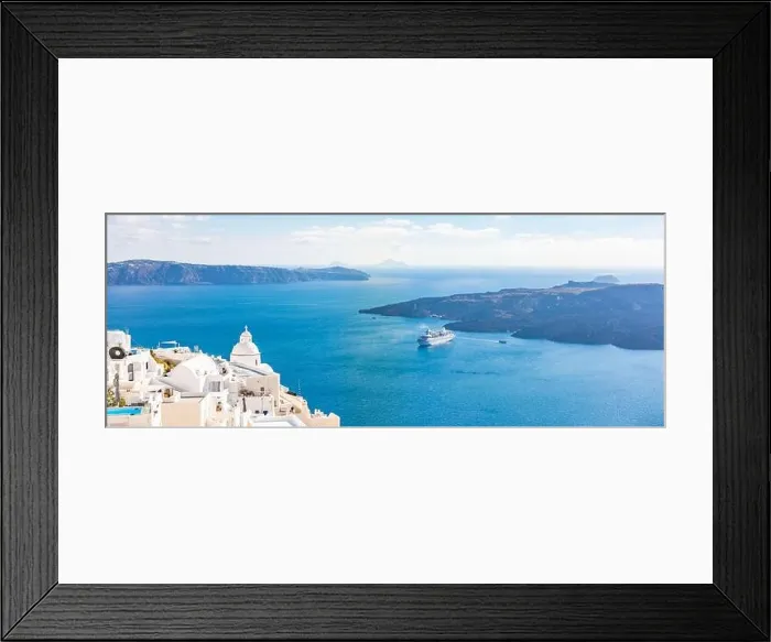Framed Print : White architecture staircases on Santorini Island, Greece. View toward Caldera sea with cruise ship awaiting. Amazing landscape, summer holiday travel Framed Print : White architecture staircases on Santorini Island, Greece. View toward Caldera sea with cruise ship awaiting. Amazing landscape, summer holiday travel