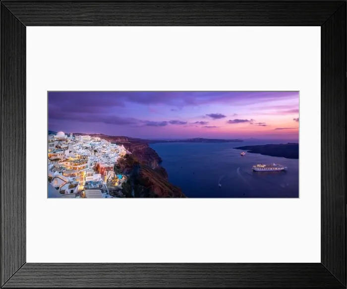 Framed Print : Romantic Santorini island during sunset, Greece, Europe. Romantic couple destination cruise ships amazing sunset sky city lights. Amazing landscape Framed Print : Romantic Santorini island during sunset, Greece, Europe. Romantic couple destination cruise ships amazing sunset sky city lights. Amazing landscape