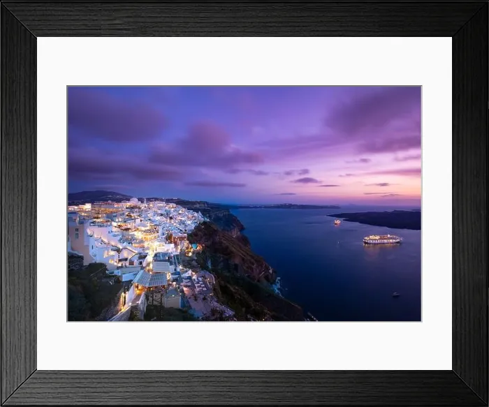 Framed Print : Romantic Santorini island during sunset, Greece, Europe. Romantic couple destination cruise ships amazing sunset sky city lights. Amazing landscape Framed Print : Romantic Santorini island during sunset, Greece, Europe. Romantic couple destination cruise ships amazing sunset sky city lights. Amazing landscape