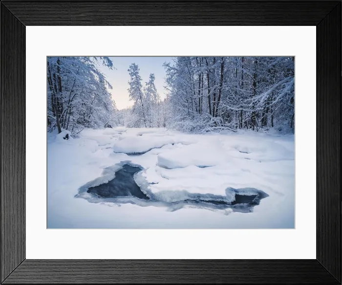 Framed Print : Scenic winter landscape with flowing river and morning light in Finland Framed Print : Scenic winter landscape with flowing river and morning light in Finland