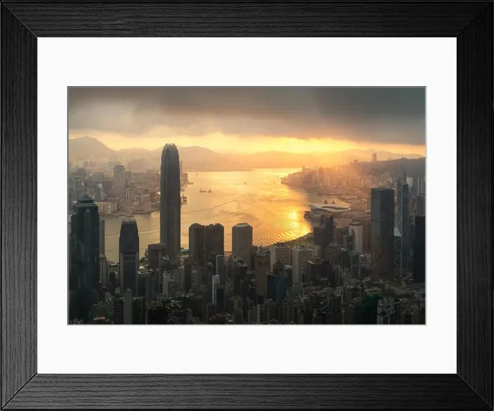 Framed Print : Sunrise over Hong Kong Victoria Harbor from Victoria Peak with Hong Kong and Kowloon below Framed Print : Sunrise over Hong Kong Victoria Harbor from Victoria Peak with Hong Kong and Kowloon below
