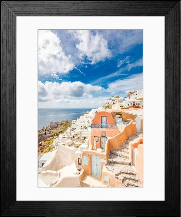 Framed Print : Amazing travel scenery of Santorini island. Tranquil vacation summer holiday the famous tourism destination Greece, Europe. Luxury traveling, sea view Framed Print : Amazing travel scenery of Santorini island. Tranquil vacation summer holiday the famous tourism destination Greece, Europe. Luxury traveling, sea view