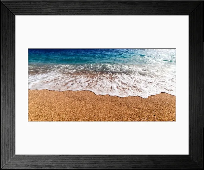 Framed Print : Amazing Mediterranean seascape with golden sand and blue waves. Summer vacations background Framed Print : Amazing Mediterranean seascape with golden sand and blue waves. Summer vacations background