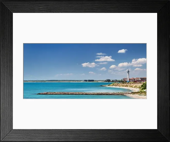 Framed Print : Black Sea coast of Bulgaria with sand beach, lighthouse and blue sky Framed Print : Black Sea coast of Bulgaria with sand beach, lighthouse and blue sky