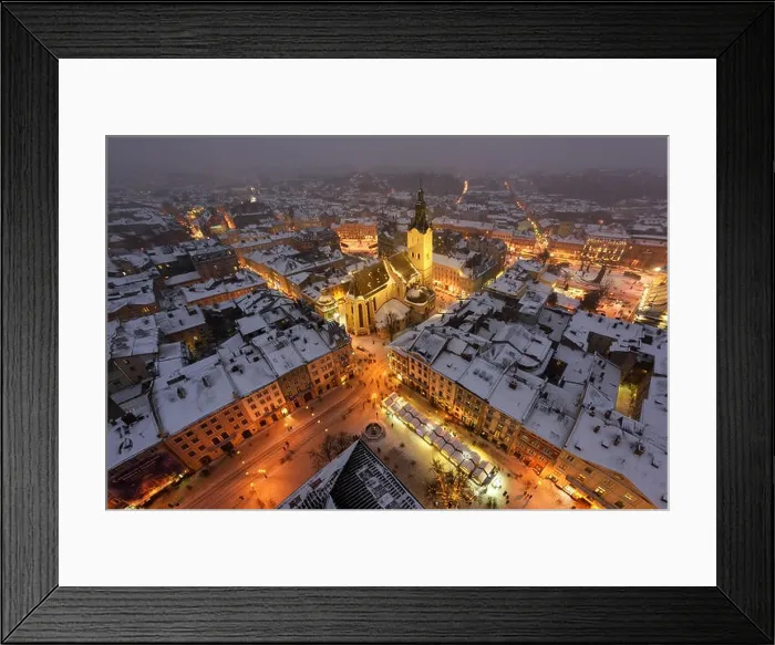 Framed Print : Lviv in winter time. Picturesque evening view on city center from top of town hall. Eastern Europe, Ukraine Framed Print : Lviv in winter time. Picturesque evening view on city center from top of town hall. Eastern Europe, Ukraine
