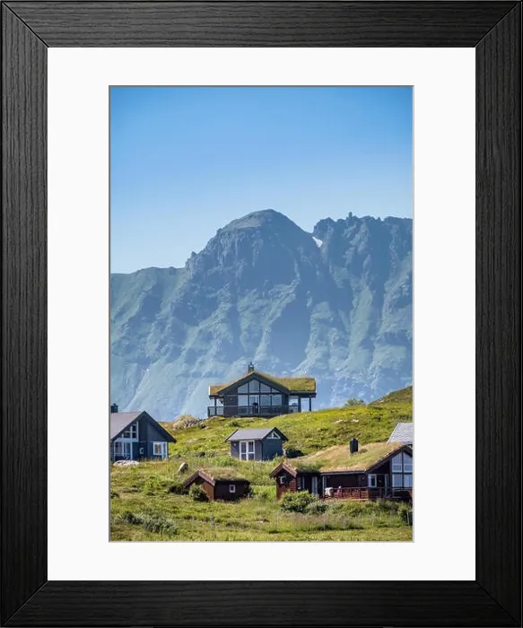 Framed Print : Scenic view from idyllic village with mountains at bright summer day in little village Lofoten, Norway Framed Print : Scenic view from idyllic village with mountains at bright summer day in little village Lofoten, Norway