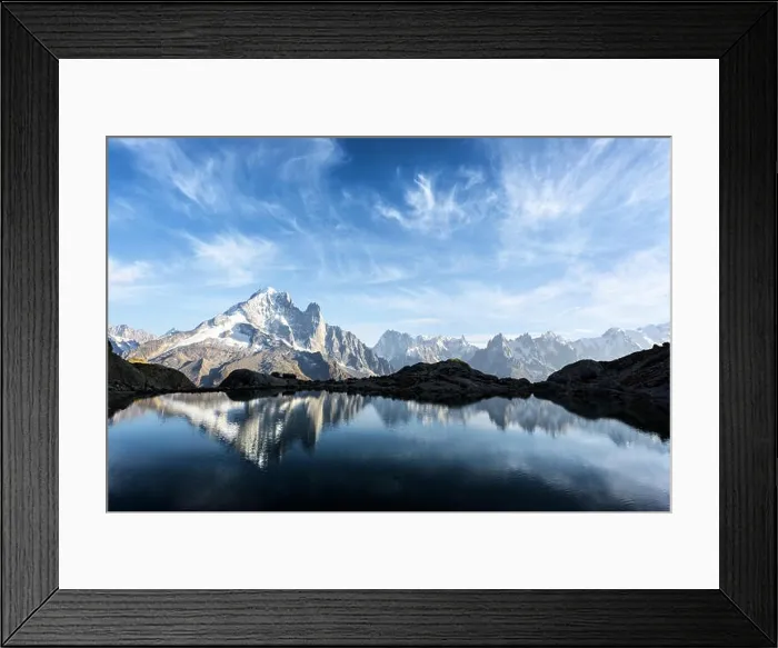 Framed Print : Colourful sunset on Lac Blanc lake in France Alps. Monte Bianco mountain range on background. Vallon de Berard Nature Preserve, Chamonix, Graian Alps Framed Print : Colourful sunset on Lac Blanc lake in France Alps. Monte Bianco mountain range on background. Vallon de Berard Nature Preserve, Chamonix, Graian Alps