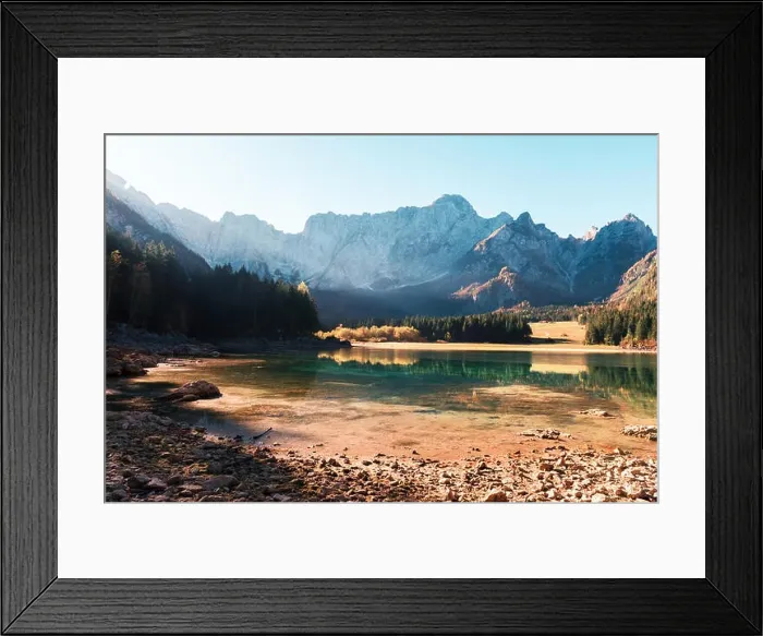 Framed Print : Colorful sunrise on Fusine lake. Picturesque autumn scene with Mangart peak on background. Julian Alps, Udine Province, Italy Framed Print : Colorful sunrise on Fusine lake. Picturesque autumn scene with Mangart peak on background. Julian Alps, Udine Province, Italy