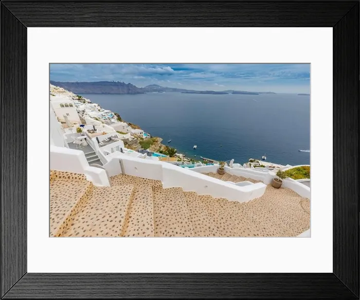 Framed Print : Beautiful Santorini by surise Greece. Stair to the sea, Santorini Framed Print : Beautiful Santorini by surise Greece. Stair to the sea, Santorini