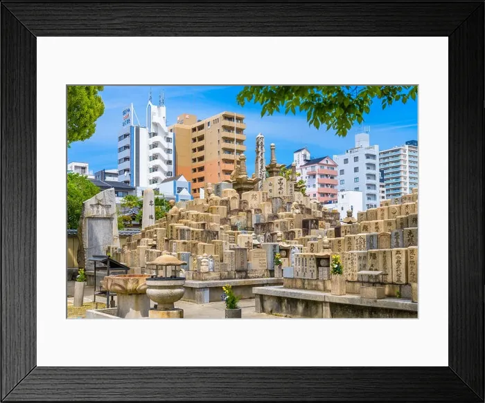 Framed Print : OSAKA, JAPAN - MAY 6, 2014: Graves at Shitennoji Temple in Osaka Japan. The temple is noted as the first officially sanctioned religious establishment Framed Print : OSAKA, JAPAN - MAY 6, 2014: Graves at Shitennoji Temple in Osaka Japan. The temple is noted as the first officially sanctioned religious establishment