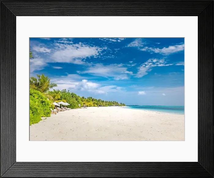 Framed Print : Beautiful tropical beach with white sand, palm trees, turquoise ocean against blue sky with clouds on sunny summer day. Perfect landscape background Framed Print : Beautiful tropical beach with white sand, palm trees, turquoise ocean against blue sky with clouds on sunny summer day. Perfect landscape background
