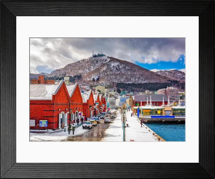 Framed Print : Hakodate, Japan cityscape at the historic Red Brick Warehouses and Mt. Hakodate Framed Print : Hakodate, Japan cityscape at the historic Red Brick Warehouses and Mt. Hakodate