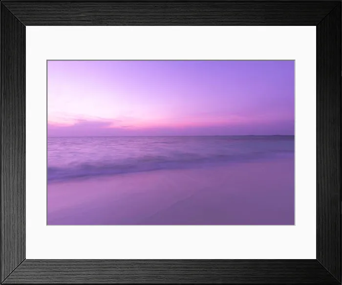 Framed Print : Sunset coastline seascape. Peaceful beach sand with calm sea view, horizon and colorful sky clouds. Tranquility, amazing, relaxing beach shore