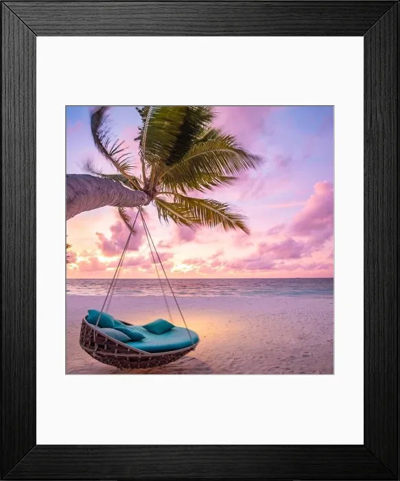 Framed Print : Tropical beach sunset landscape with beach swing or hammock and sunset sky white sand and calm sea for beach banner. Perfect beach scene vacation Framed Print : Tropical beach sunset landscape with beach swing or hammock and sunset sky white sand and calm sea for beach banner. Perfect beach scene vacation