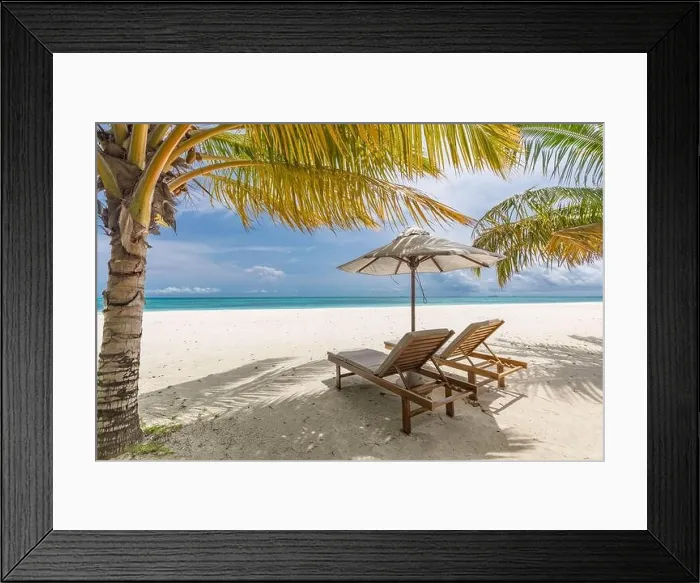Framed Print : Beautiful tropical beach. White sand and coco palms chairs, umbrella travel tourism, amazing beach landscape. Luxury island resort vacation or holiday Framed Print : Beautiful tropical beach. White sand and coco palms chairs, umbrella travel tourism, amazing beach landscape. Luxury island resort vacation or holiday
