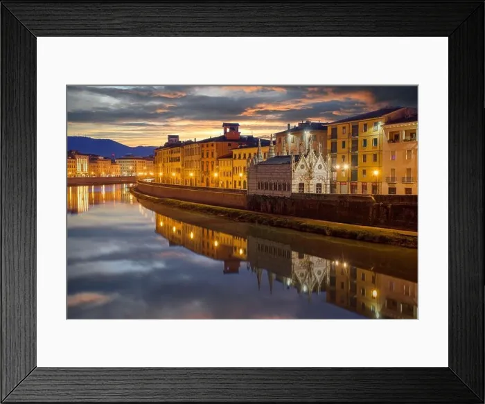 Framed Print : Pisa, Italy skyline on the Arno River with Chiesa di Santa Maria della Spina at dusk
