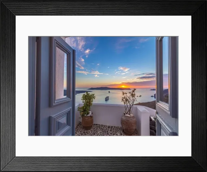 Framed Print : Amazing travel background, Santorini urban landscape. White door gate with cruise ships, white architecture under sunset sky. Idyllic summer vacation Framed Print : Amazing travel background, Santorini urban landscape. White door gate with cruise ships, white architecture under sunset sky. Idyllic summer vacation