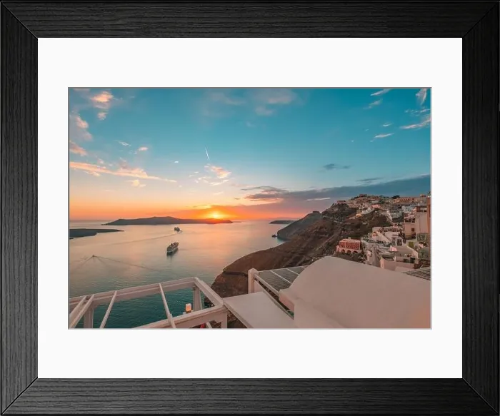 Framed Print : Amazing landscape evening view of Fira, caldera, volcano of Santorini, Greece with cruise ships at sunset. Travel destination cloudy dramatic sky Framed Print : Amazing landscape evening view of Fira, caldera, volcano of Santorini, Greece with cruise ships at sunset. Travel destination cloudy dramatic sky