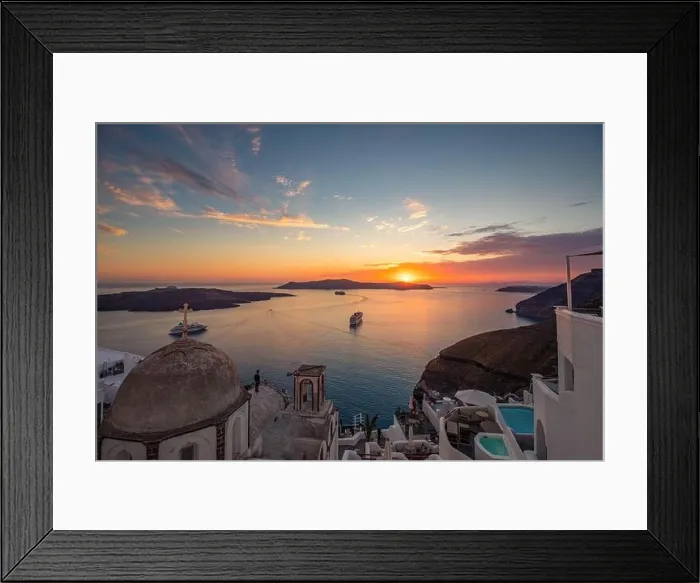 Framed Print : Amazing evening view of Santorini island. Picturesque spring sunset on the famous Greek resort Fira, Greece, Europe. Traveling concept background. Art Framed Print : Amazing evening view of Santorini island. Picturesque spring sunset on the famous Greek resort Fira, Greece, Europe. Traveling concept background. Art