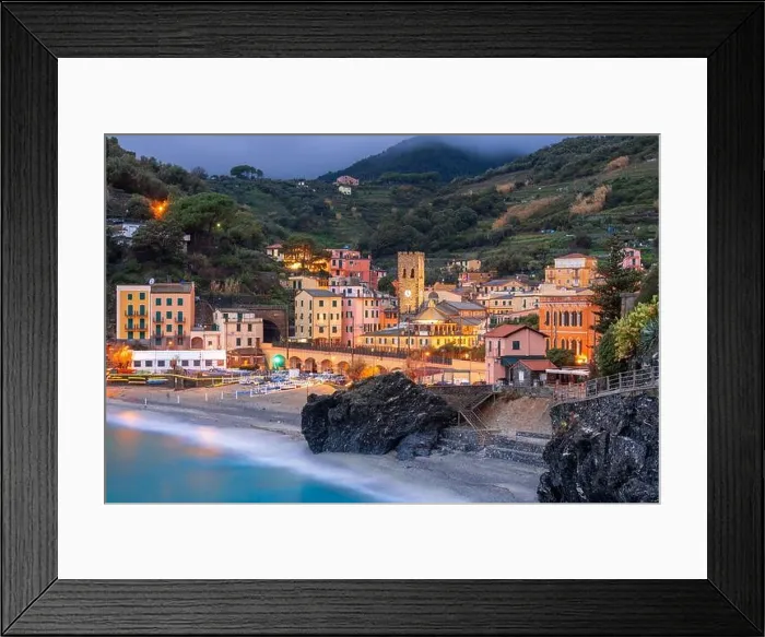 Framed Print : Monterosso, Italy in the Cinque Terre region at dusk on the Mediterranean Sea Framed Print : Monterosso, Italy in the Cinque Terre region at dusk on the Mediterranean Sea