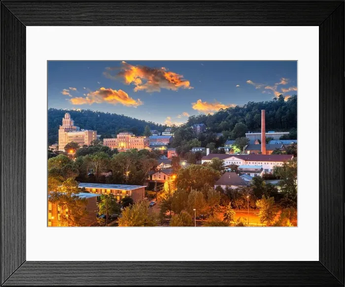 Framed Print : Hot Springs, Arkansas, USA townscape at dusk in the mountains