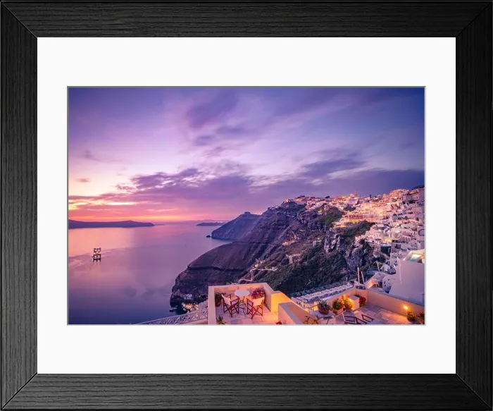 Framed Print : Amazing landscape evening view of Fira, caldera, volcano of Santorini, Greece with cruise ships at sunset. Travel destination cloudy dramatic sky Framed Print : Amazing landscape evening view of Fira, caldera, volcano of Santorini, Greece with cruise ships at sunset. Travel destination cloudy dramatic sky