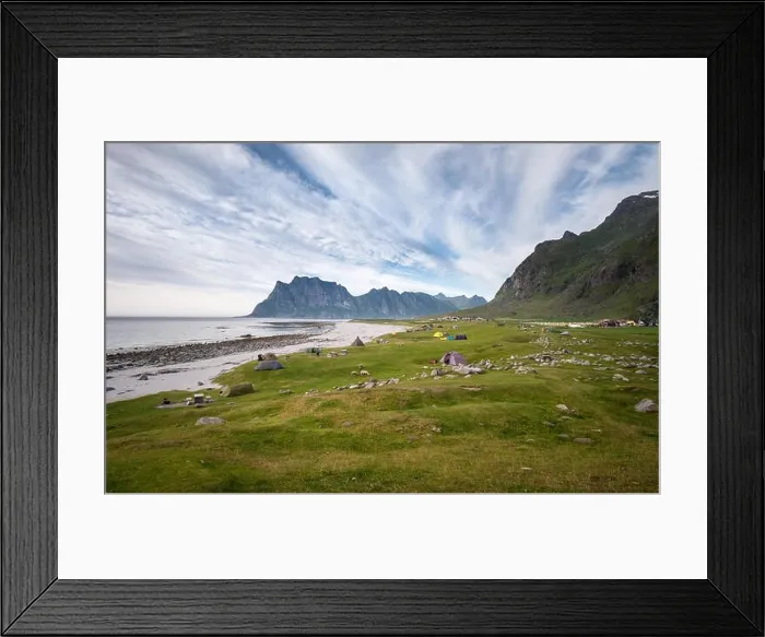 Framed Print : Scenic landscape with mountain and camping area at summer evening in Lofoten Island, Norway Framed Print : Scenic landscape with mountain and camping area at summer evening in Lofoten Island, Norway
