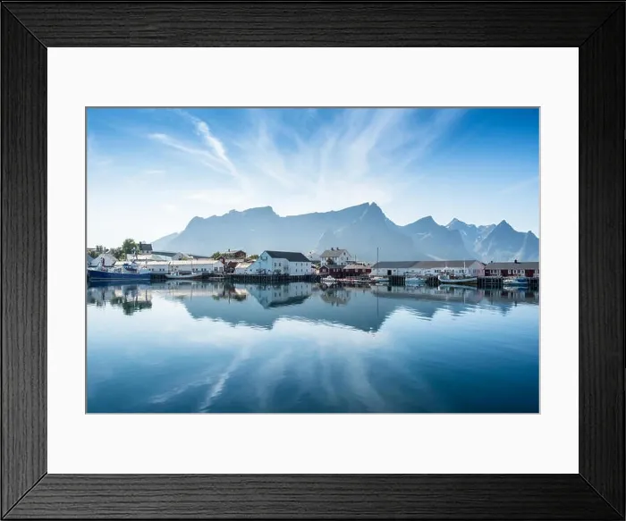 Framed Print : Scenic view from idyllic village with mountains at bright summer day in Hamnoy, Lofoten, Norway Framed Print : Scenic view from idyllic village with mountains at bright summer day in Hamnoy, Lofoten, Norway