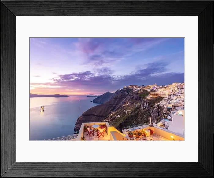 Framed Print : Amazing evening view of Santorini island. Romantic sunset sunrise summer travel destination. Gorgeous sunset sky, white architecture, led lights Framed Print : Amazing evening view of Santorini island. Romantic sunset sunrise summer travel destination. Gorgeous sunset sky, white architecture, led lights