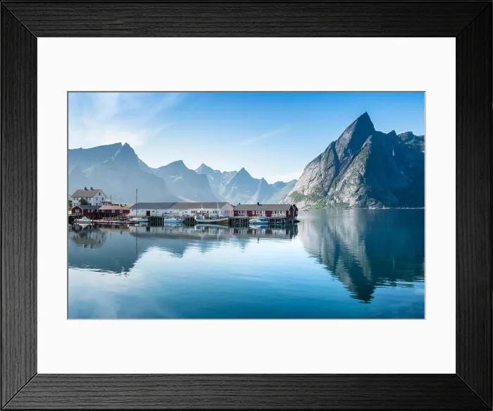 Framed Print : Scenic view from idyllic village with mountains at bright summer day in Hamnoy, Lofoten, Norway Framed Print : Scenic view from idyllic village with mountains at bright summer day in Hamnoy, Lofoten, Norway