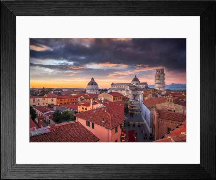 Framed Print : Pisa, Italy old town skyline with the cathedral and tower at dusk Framed Print : Pisa, Italy old town skyline with the cathedral and tower at dusk