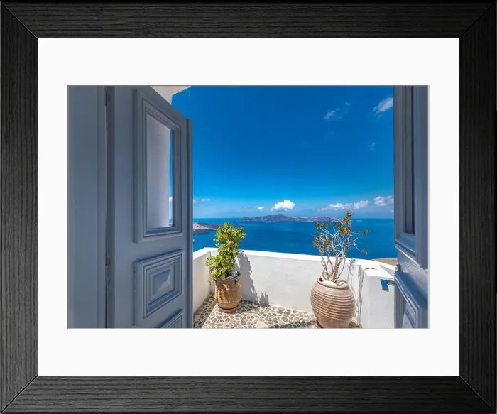 Framed Print : Santorini Island, Greece. Traditional Greek door with a great view. Amazing seascape over cliff with wooden door and traditional white architecture Framed Print : Santorini Island, Greece. Traditional Greek door with a great view. Amazing seascape over cliff with wooden door and traditional white architecture