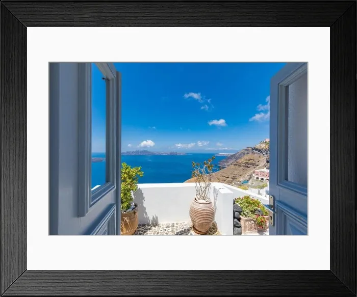Framed Print : Santorini Island, Greece. Traditional Greek door with a great view. Amazing seascape over cliff with wooden door and traditional white architecture Framed Print : Santorini Island, Greece. Traditional Greek door with a great view. Amazing seascape over cliff with wooden door and traditional white architecture