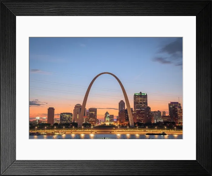 Framed Print : St. Louis, Missouri, USA downtown cityscape on the river at dusk Framed Print : St. Louis, Missouri, USA downtown cityscape on the river at dusk