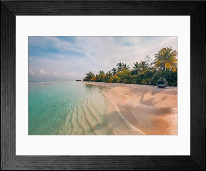 Framed Print : Tropical beach landscape. Tranquil nature scenery, palm trees sand calm sea water paradise island coast. Tropical beach view, soft sunlight, clouds Framed Print : Tropical beach landscape. Tranquil nature scenery, palm trees sand calm sea water paradise island coast. Tropical beach view, soft sunlight, clouds