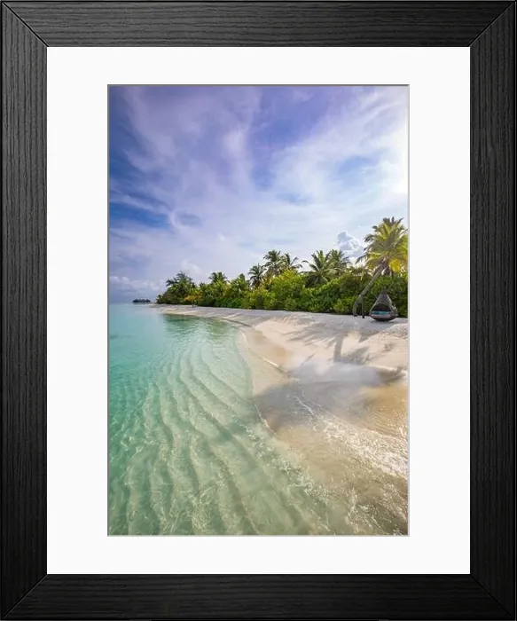 Framed Print : Tropical beach landscape. Tranquil nature scenery, palm trees sand calm sea water paradise island coast. Tropical beach view, soft sunlight, clouds