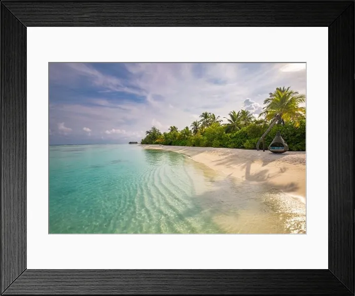 Framed Print : Tropical beach landscape. Tranquil nature scenery, palm trees sand calm sea water paradise island coast. Tropical beach view, soft sunlight, clouds Framed Print : Tropical beach landscape. Tranquil nature scenery, palm trees sand calm sea water paradise island coast. Tropical beach view, soft sunlight, clouds