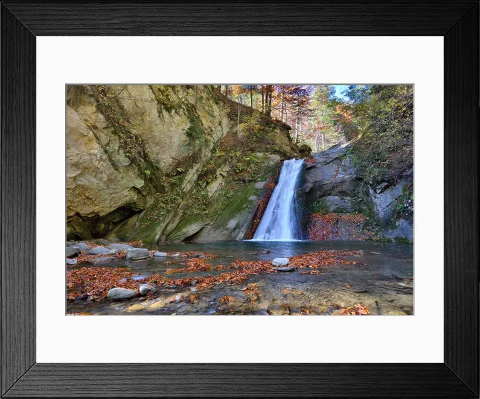 Framed Print : Autumn waterfall and creek woods with yellow trees foliage and rocks in forest mountain
