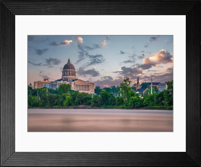 Framed Print : Jefferson City, Missouri, USA downtown view on the Missouri River with the State Capitol at dusk