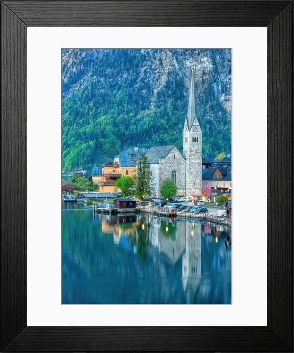 Framed Print : Scenic picture-postcard view of famous Hallstatt mountain village in the Austrian Alps at beautiful light in spring, Salzkammergut region, Hallstatt Framed Print : Scenic picture-postcard view of famous Hallstatt mountain village in the Austrian Alps at beautiful light in spring, Salzkammergut region, Hallstatt