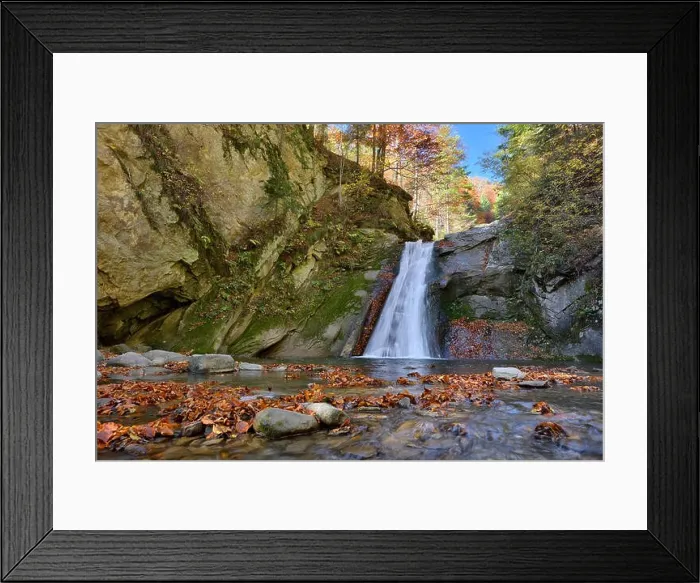 Framed Print : Autumn waterfall and creek woods with yellow trees foliage and rocks in forest mountain Framed Print : Autumn waterfall and creek woods with yellow trees foliage and rocks in forest mountain