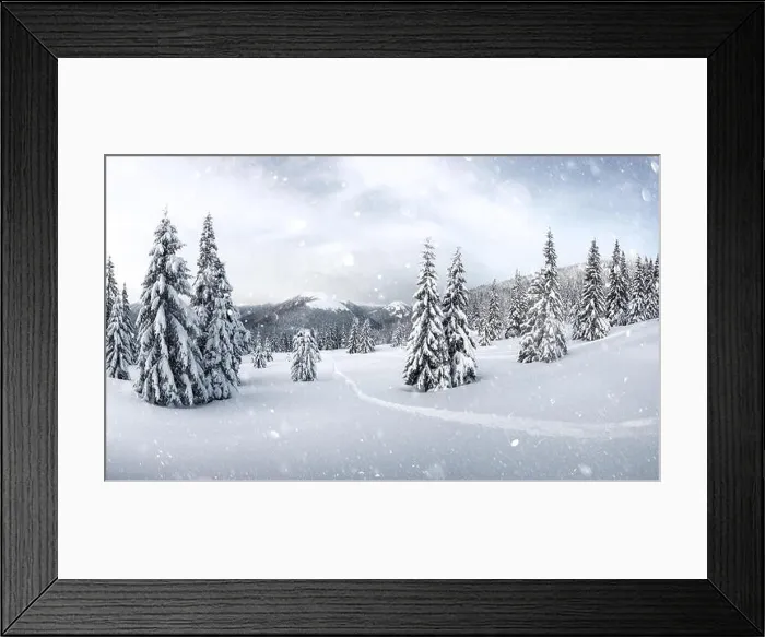 Framed Print : Fantastic winter landscape with snowy trees in high mountains. DOF bokeh light postprocessing effect. Christmas holiday collage
