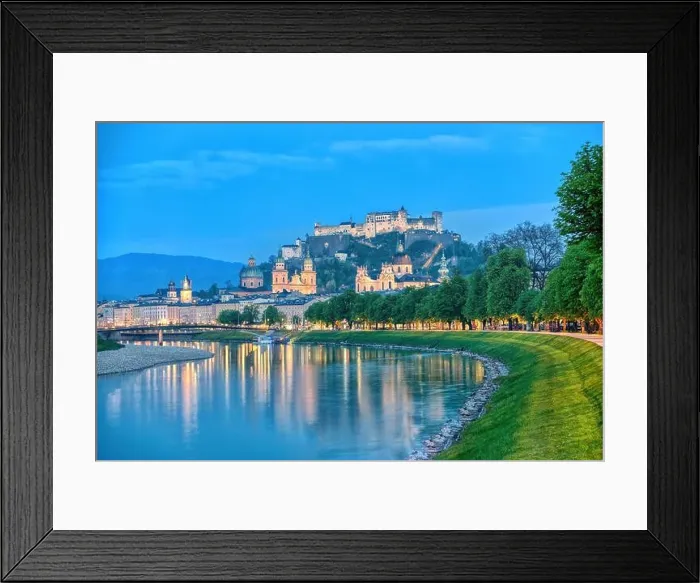 Framed Print : Salzburg bluehour with Festung Hohensalzburg fortress and reflection of night city lights. Austria Framed Print : Salzburg bluehour with Festung Hohensalzburg fortress and reflection of night city lights. Austria
