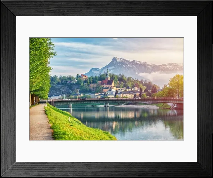 Framed Print : Salzburg sunset light and reflection of the city in warm lights. Austria Framed Print : Salzburg sunset light and reflection of the city in warm lights. Austria