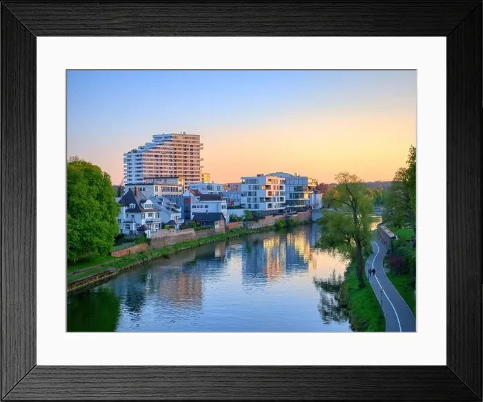 Framed Print : Ulm view and Danube river from Berblinger Turm tower in sunset warm light