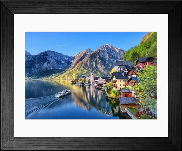 Framed Print : Scenic picture-postcard view of famous Hallstatt mountain village in the Austrian Alps at beautiful light in spring, Salzkammergut region, Hallstatt Framed Print : Scenic picture-postcard view of famous Hallstatt mountain village in the Austrian Alps at beautiful light in spring, Salzkammergut region, Hallstatt